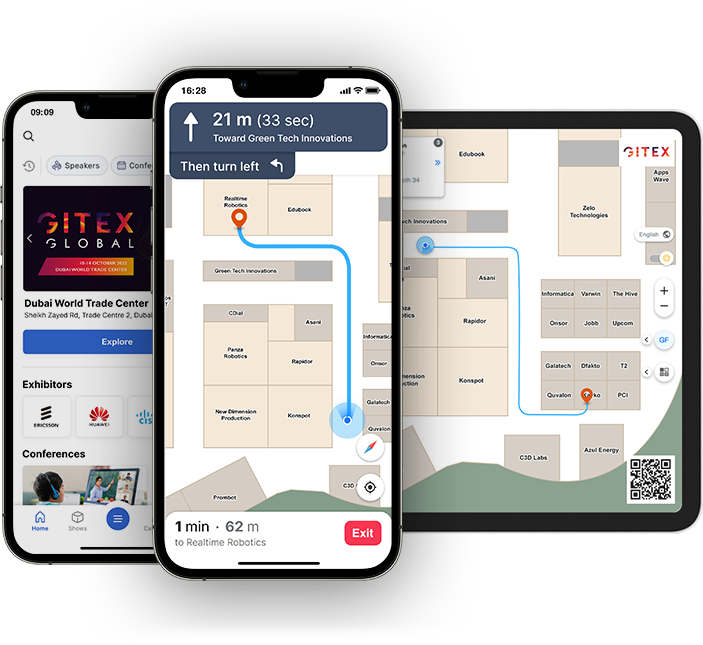 Blue-dot indoor navigation guiding an attendee to an exhibitor booth at a trade show